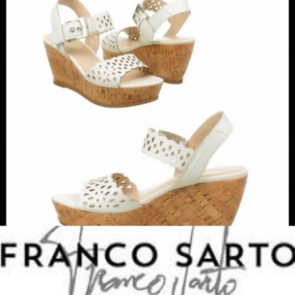 Franco Sarto White Leather Frolic Cork Wedge Sandals eyelet opening - Picture 1 of 5